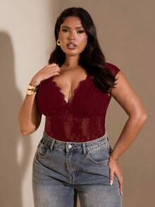 SHEIN BAE 大码女式深V领褶皱连体衣 - 酒紅色 - 查看 6