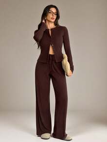 SHEIN Tall Ribbed Cardigan And Wide Leg Pants Co Ord Set For Women Casual Lounge Wear Autumn Winter Outfit Two Piece Pant Set Tall Two Piece Set Brown Two Piece Set Long Sleeve Two Piece Set Baithingsuit Brown Pant Set - Chocolate Brown - View 7
