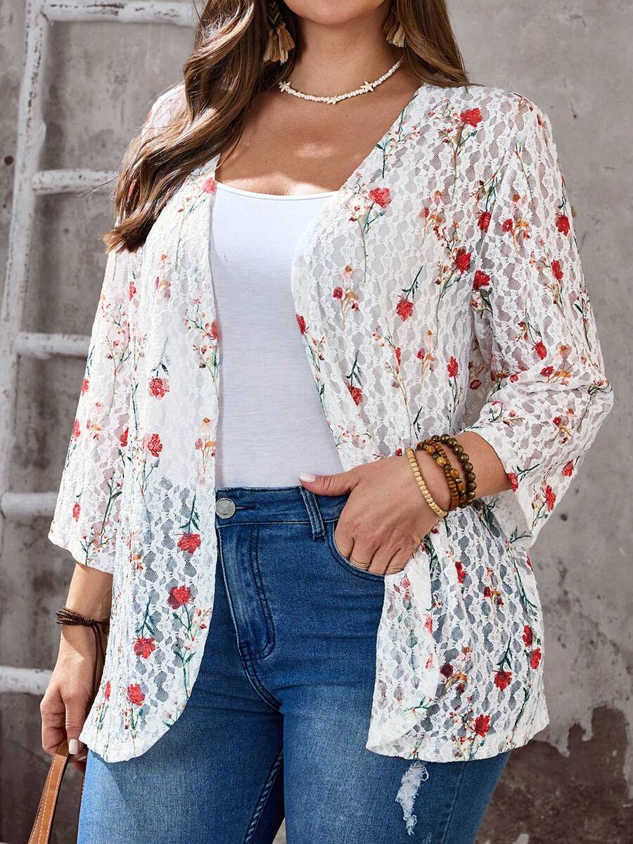 EMERY ROSE 大码女式夏季休闲度假乡村风彩色花卉蕾丝修身度假休闲短外套，适合初秋夏季假期、春假、女士度假、外出等场合，2026新款，简约时尚，日常穿着也十分合适。 - 彩色 - 查看 1