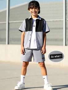 SHEIN 2pcs Tween Boys' Casual Color-Blocked Shirt And Loose Shorts Set, Suitable For Commuting, School, Daily Casual, Vacation, Sports, Spring/Summer/Autumn/Winter 15 Year Old Boy Clothes Shorts Boys Short Suit Tween Boy Clothes Short Set - Grey - View 6