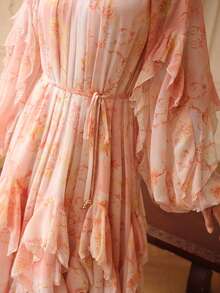 SHEIN X Scot Louie ZEYLAH Elegant Romantic Floral Print Flowy Ruffle Hem A-Line Dress, Spring/Summer - Baby Pink - View 2