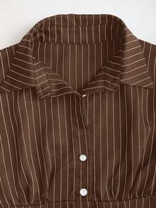 Sweetra Fashionable Contrast Color Textured Button Fitted Waist Flattering Striped Collar Long Sleeve Blouse For Women - Coffee Brown - View 4