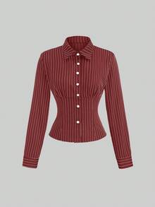 Sweetra Fashionable Contrast Color Textured Button Fitted Waist Flattering Striped Collar Long Sleeve Blouse For Women - Red - View 7