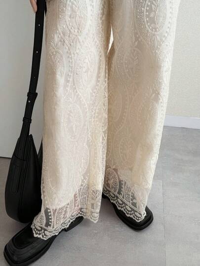 FRIFUL 女性用ベージュ無地シアーレースファブリック ストレートレッグ ルーズカジュアルパンツ 春服