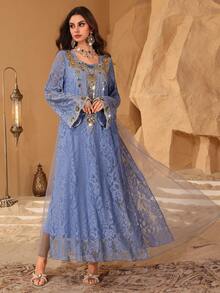 Al Najma Women's Square Neck Sequin Embroidered Blue Lace Long Sleeve Mesh Loose Fit Dress - Blue - View 7