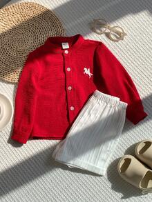 SHEIN 2pcs/Set Baby Boy Baby Boy Spring/Summer Fashion Casual Red Long Sleeve Woven Shirt And White Shorts Outfit Baby Boy Burgundy Clothes Baby Boy Red Shirt - Burgundy - View 5