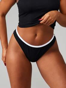 MISSGUIDED 撞色滚边高腰比基尼泳裤，白色滚边细节，性感遮盖，夏季泳装内裤 - 黑與白 - 查看 1