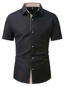Manfinity Mode Men's Plain Front Button Short Sleeve Casual Business Shirt - Black - View 3