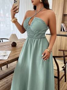 Weeklong Plus Size Women's Backless Spaghetti Strap U-Neck Waist Gathered A-Line Textured Fabric Casual Dress, Spring/Summer - Green - View 4