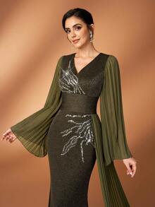 Serin Elegant Luxurious Green V-Neck Elastic Metallic Knit Mesh Sleeve Mermaid Skirt With Side Chiffon Ruffle, Suitable For Weddings, Parties, Vacations, Galas, Holidays, Mother Of The Bride Evening Gowns - Army Green - View 5