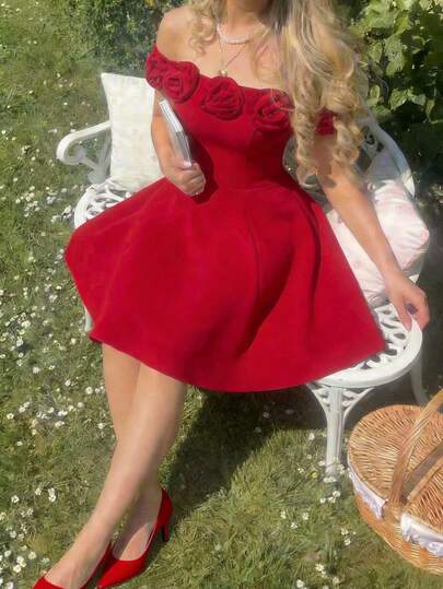 SHEIN MOD One-Piece Off-Shoulder Red Short Dress With 3D Floral Decorations, Waist-Defining And Flowing Silhouette – Festive Wear, Princess Style, Formal Gown, Party Dress; Perfect For Vacation, Date, Picnic, Party, Prom, Festival, And Birthday; Romantic Vintage Court Style Ruffle Flower Off Shoulder Dress 3d Flower Dress Off Shoulder Dresses For Woman Red Rose Dress Red Outfits Maroon Dresses Cherry Outfit Wine Tasting Outfit, Valentine's Day, Carnival Costume
