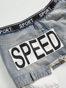 ROMWE Avant Women's Sporty Elastic Waist Low Waist Denim Mini Skirt - Light Wash - View 6