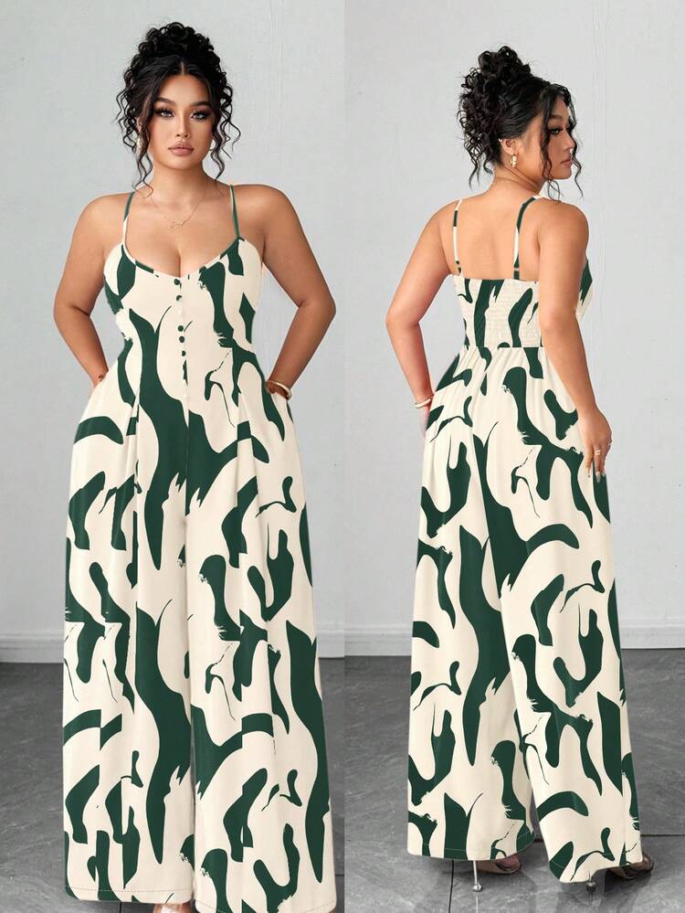 Elenzga 大码女士优雅印花可调节肩带连体裤，时尚精致，适合早春穿着 - 綠色 - 查看 1