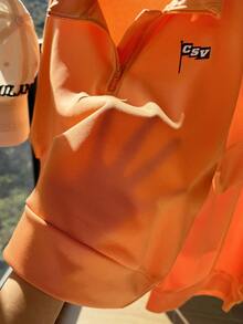 SHEIN Explorewe 2件套女童宽松Polo衫套装，休闲宽松拉链领Polo衫搭配口袋阔腿短裤，饰有字母印花，休闲运动学院风，舒适夏季套装 - 橘色 - 查看 7