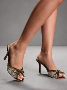 CUCCOO SZL 女士优雅通勤蕾丝蝴蝶结装饰高跟凉鞋 - 橄欖綠 - 查看 4