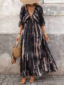 Brillora Đầm nữ kiểu dáng thường ngày, họa tiết nhuộm tie-dye, thích hợp cho kỳ nghỉ. - màu đen - Xem 3