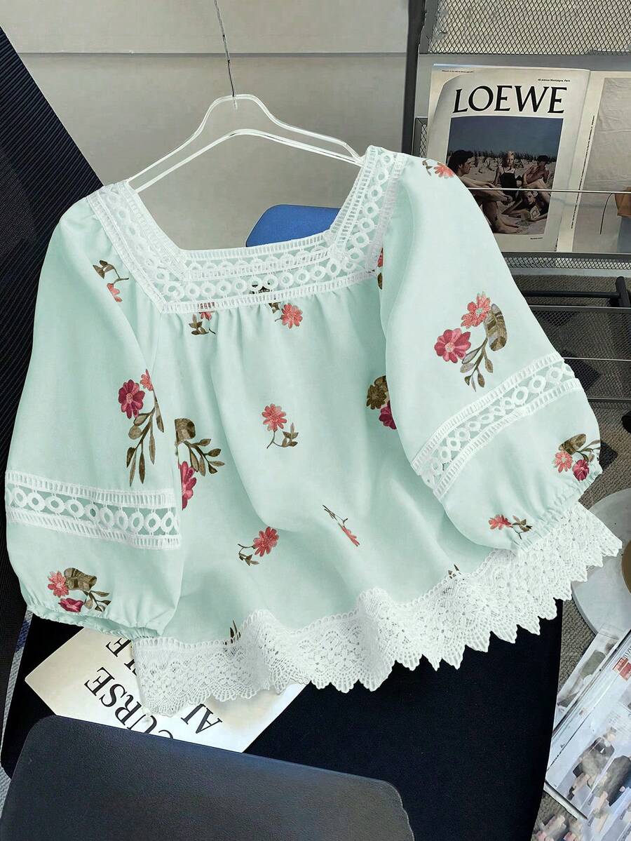Franclia 女士印花方领度假衬衫，夏季服装 - 薄荷綠 - 查看 1