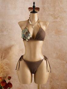 Bellisia 三件套纹理面料印花比基尼套装，泳衣带裙，春夏海滩度假 - 棕色 - 查看 3