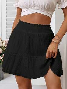 Breezaya 荷叶边褶皱细节荷叶边裙摆半身裙度假沙滩装女装 - 黑色 - 查看 3