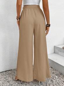 SHEIN Frenchy 女士纯色休闲度假开衩系带宽松裤 - 卡其色 - 查看 2