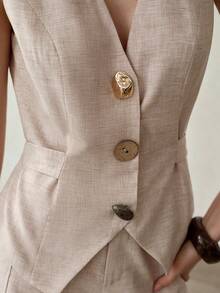 MOTF PREMIUM WOMEN'S DECORATIVE BUTTON TIE WAIST LINEN-LIKE TANK TOP - Khaki - View 3