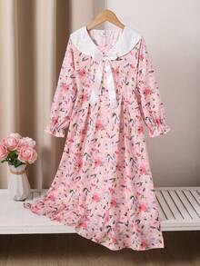 Tween Girls Pink Floral Midi Dress,Cute Summer Elegant Party Al-Adha Arabic Middle Eastern Style Lace Collar Large Bow Holiday Everyday Wear - Multicolor - View 4