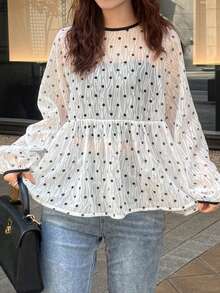 FRIFUL Women's Solid White Sheer Fabric Layered Polka Dot Textured Tie Neck Bow Loose Casual Blouse - White - View 1