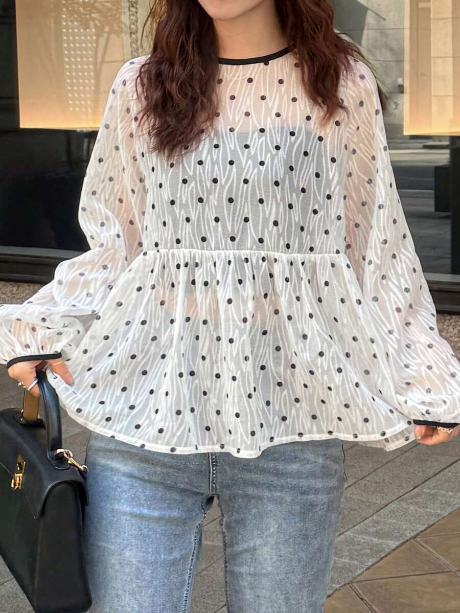 FRIFUL Women's Solid White Sheer Fabric Layered Polka Dot Textured Tie Neck Bow Loose Casual Blouse - White - View 1