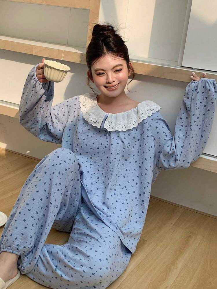 Dazy Plus Plus Size Women Bow Polka Dot Print Ruffle Trim Long Sleeve Top And Pants Pajama Set