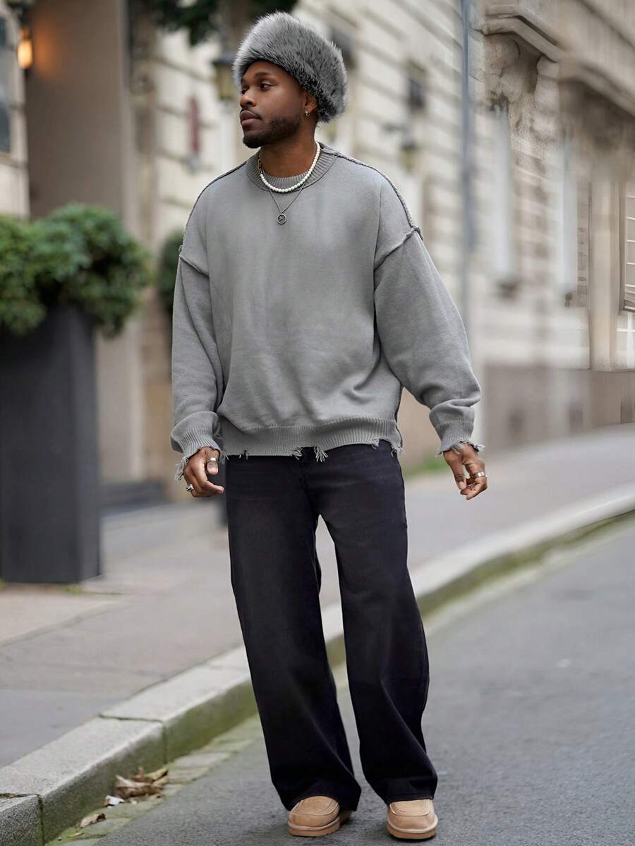 Heavens Edit 1 件装男士宽松破洞牛仔休闲阔腿牛仔裤，韩版/日系风格 - 黑色 - 查看 1