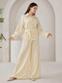 2件套女士简约通勤纯色纽扣衬衫和裤子套装，秋季 - 黃色 - 查看 8