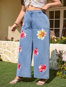 Breezaya Plus Size Women's Casual Floral Print Straight Leg Jeans, Spring/Summer - Light Wash - View 6