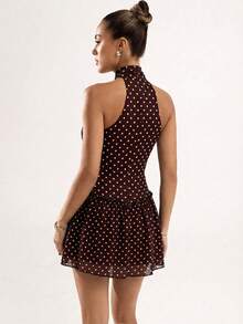SHEIN BAE Braunes Polka-Punkt Rüschen-Saum ärmelloses Bodycon Minikleid, braunes Polka-Punkt Druckkleid - Braun - Übersicht 3