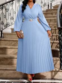 Fleurora 大码纯色褶皱连衣裙，时尚夏季教堂礼服，适合女性节日穿着 - 藍色 - 查看 7