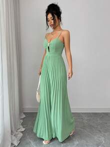 Rafferiza 女士优雅无袖褶皱长款连体裤，浅绿色，适合春夏度假和约会 - 薄荷綠 - 查看 6