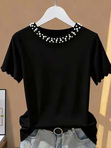 Resyla 女士休闲铆钉装饰短袖T恤，夏季 - 黑色 - 查看 1
