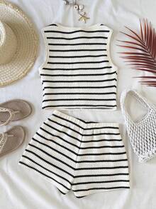 SHEIN Tween Girls' Brown & White Striped Knit Textured Sleeveless Crop Top And Loose Shorts 2-Piece Vacation Casual Outfit, Spring/Summer - Brown - View 2
