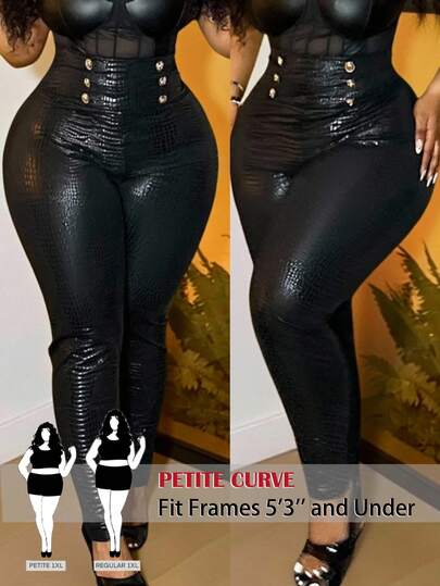SHEIN PETITE CURVE Pantalones pitillo de cuero de cintura alta en negro para mujer de talla grande, para otoño e invierno