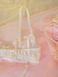 DelicateAllure 2pcs Women Lace Eyelash Patchwork Satin Ribbon Heart Contrast Color Set Wedding Lingerie For Bride White Lace Lingerie Lingerie For Women Adult - White - View 12