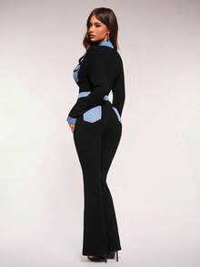 Radiana Women's Contrast Color Button Half Placket Long Sleeve Pocket Design Casual Jumpsuit,Spring To Summer, - Black - View 4