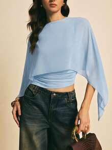 Poéselle 女士纯色圆领短款不对称下摆时尚简约衬衫 - 淺藍色 - 查看 3