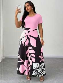 Maweii Đầm hai hàng cúc cổ lệch bất đối xứng in họa tiết đá cẩm thạch dành cho nữ cỡ lớn - Hồng - Xem 4