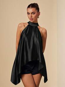 SHEIN BAE Đầm maxi dáng rộng màu xanh ô liu bằng satin, cổ yếm, hở lưng, kiểu dáng chữ A gợi cảm, thích hợp cho kỳ nghỉ xuân/hè, đi biển, dự đám cưới sang trọng, kỳ nghỉ lễ, đi chơi tối thu/đông, Giáng sinh thanh lịch, Halloween. - màu đen - Xem 7