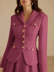 Aveloria Rosie 斜纹软呢面料优雅时尚修身女式外套，带纽扣口袋；斜纹软呢喇叭简约风女式半身裙，两件套 - 玫紅色 - 查看 1