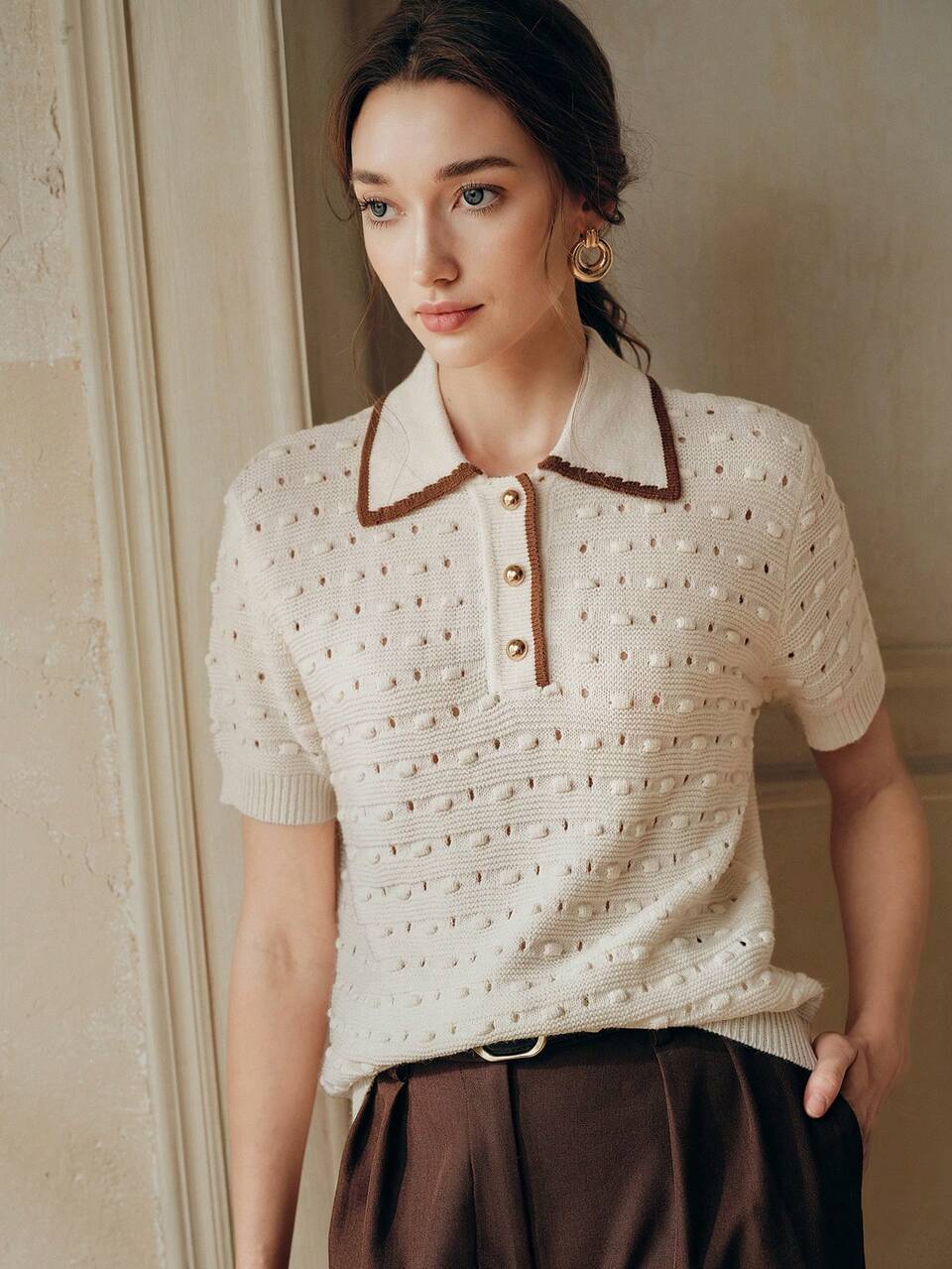 Elegant French Summer Knit Top For Women,Shades Of Brown Business Casual Textured 3D Crochet Hollow Gold Button Ivory Eyelet Blouse For Work