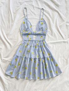 Soleia Đầm ngắn in hình chanh nhiều màu sắc dành cho nữ, thích hợp cho kỳ nghỉ. - Màu xanh lam - Xem 2