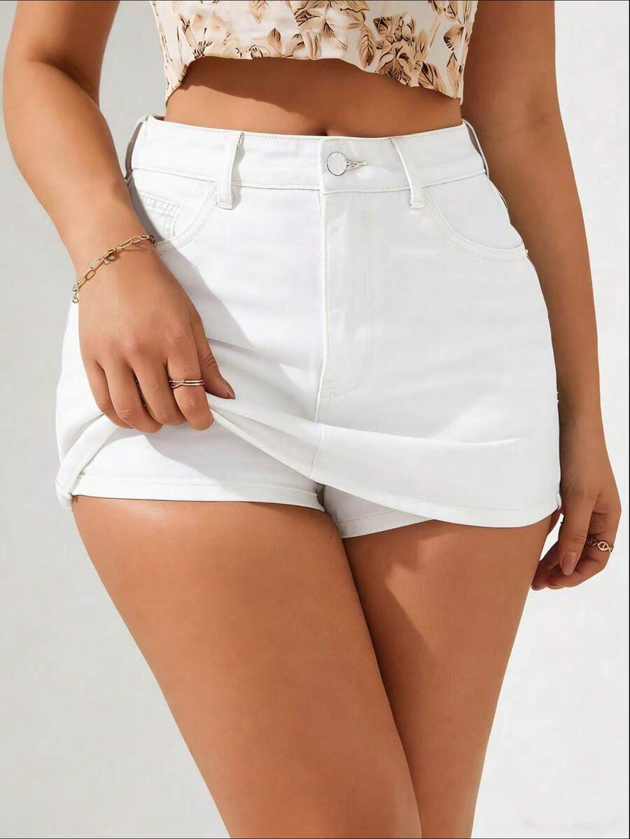 Breezaya 夏季休闲纯色牛仔短裤 - 白色 - 查看 1