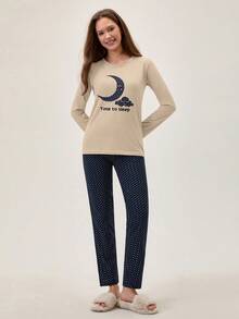 Loomlin 2pcs Cotton Contrast Colour Moon Printed Shirt And Star Printed Sleep Bottom PJ Set - Beige - View 4