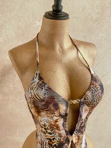 Soleia 女士性感露背系带动物纹连体泳衣，沙滩度假风 - 彩色 - 查看 3