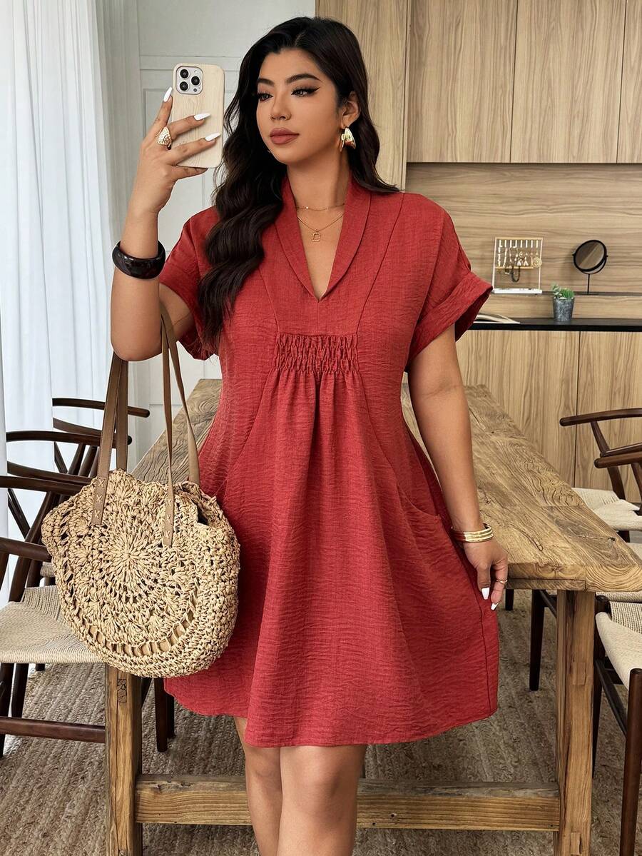 Weeklong Plus Size Women's Casual Turndown Collar Tie-Front A-Line Short Dress, Spring/Summer - Rust Brown - View 1